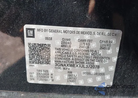 2018 Chevrolet Equinox Premier из США, поврежденный, VIN 3GNAXWEX3JL372078